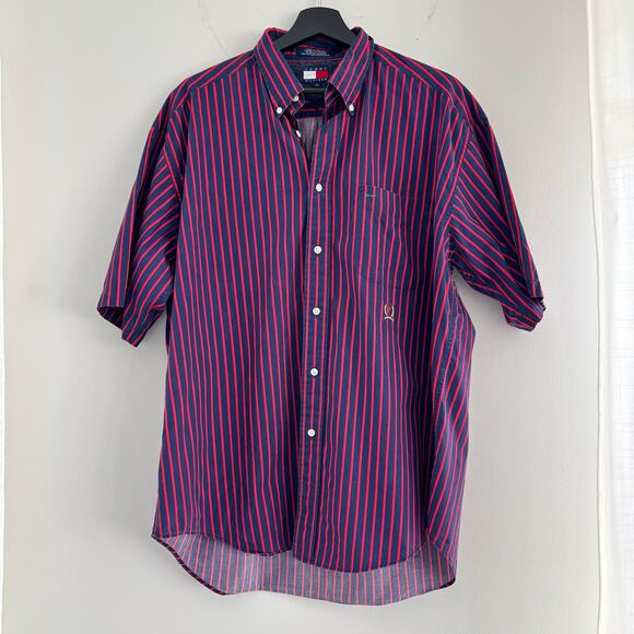 Tommy Hilfiger Red Blue Striped Short Sleeve Button Down Size L - Picture 3 of 6